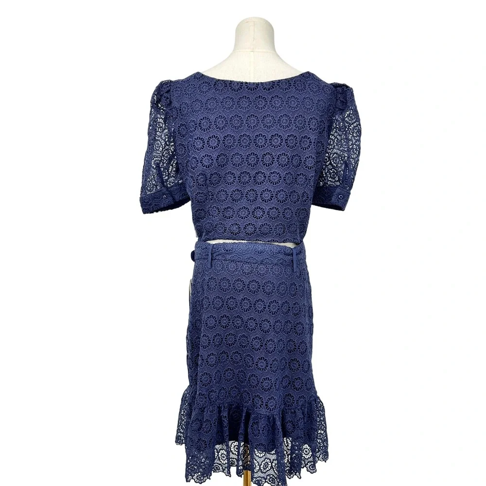 Aqua Navy Crochet Lace Matching Set Large Puff Sleeve Crop Top Belted Skirt 2 pc